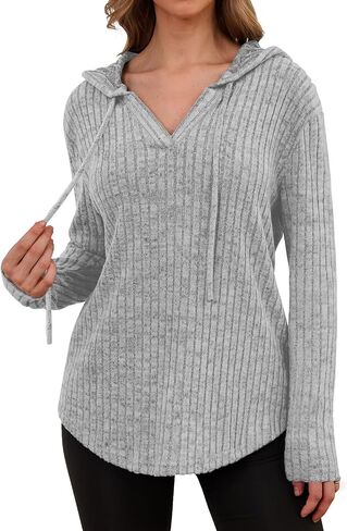 Lylinan Womens Cozy Knit Sweaters Hoodies Ribbed V Neck Pullover Sweatshirts for Fall Outfits S-XXL in Saudi Arabia