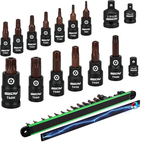 Torx Star Bit Socket Set: 16-Piece Tamper Proof Torx Bit Socket Set with Magnetic Socket Rail Organizer 1/4,3/8,1/2-Inch Drive T8-T60 Torque Torx Bit Socket Set with Adapters for Garages Workshops in Kuwait