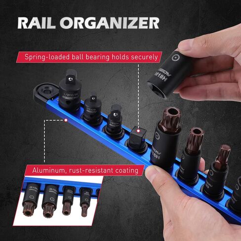 Torx Star Bit Socket Set: 16-Piece Tamper Proof Torx Bit Socket Set with Magnetic Socket Rail Organizer 1/4,3/8,1/2-Inch Drive T8-T60 Torque Torx Bit Socket Set with Adapters for Garages Workshops in Kuwait