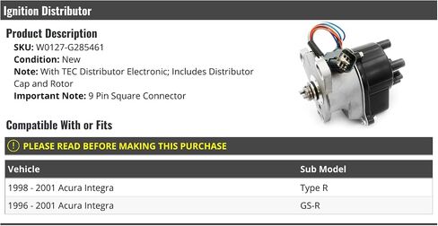 موزع الإشعال مع CAP و Rotor-متوافق مع 1996-2001 Acura Integra Type-R GS-R (مع موزع TEC) مع موصل مربع 9 دبوس in Saudi Arabia