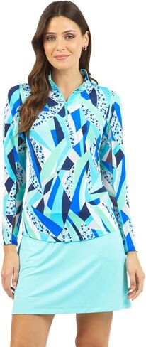 Ibkul Athleisure Wear Upf 50+ Brianna Print Long Sleeve Mock Deck Top - 10080 Blue Brianna XL in Kuwait