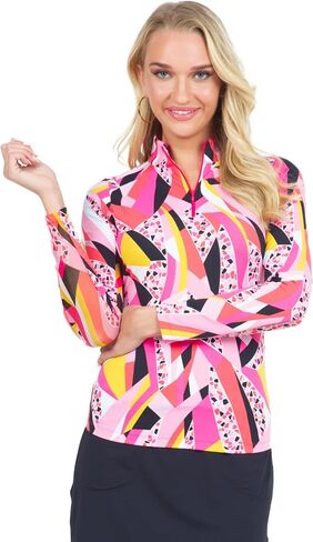 Ibkul Athleisure Wear Upf 50+ Brianna Print Long Sleeve Mock Deck Top - 10080 Blue Brianna XL in Kuwait