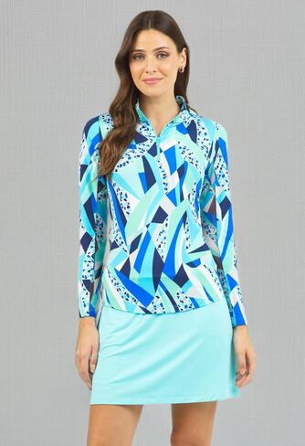 Ibkul Athleisure Wear Upf 50+ Brianna Print Long Sleeve Mock Deck Top - 10080 Blue Brianna XL in Kuwait
