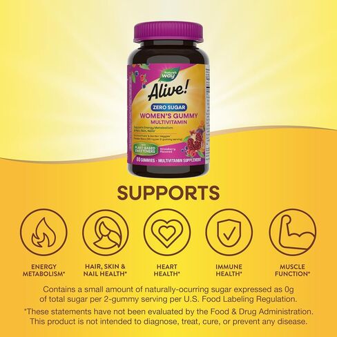 طريق الطبيعة على قيد الحياة! Zero Sugar Women's Gummy Multibitamins ، استقلاب الطاقة*، الشعر ، الجلد ، الأظافر*، B- فيتامينات ، لا كحول السكر ، المحليات النباتية ، بنكهة الفراولة ، 80 لعبة غامضة in Saudi Arabia