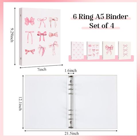 ReliThick 4 Pcs Cute Pink Bow 3 Ring Binder, 1 Inch Round Ring with Interior Pockets, Clipboard Binder, Coquette School Supplies, Decorative Cute Binders for School Office A4 Paper in Kuwait
