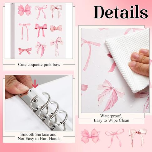 ReliThick 4 Pcs Cute Pink Bow 3 Ring Binder, 1 Inch Round Ring with Interior Pockets, Clipboard Binder, Coquette School Supplies, Decorative Cute Binders for School Office A4 Paper in Kuwait