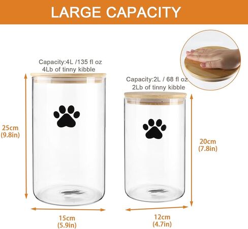 Large Square Dog Ttreat Jars set of 2,135oz+68oz Glass Dog Cat Food Container with Bamboo Lids,Cat Treat Container,Dog Cookie Jar-Hold total 5~6 lbs of Pet Food-Airtight and Keep Fresh in Kuwait