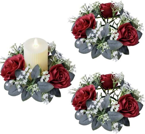2 Pcs Artificial Rose Candle Rings Holder,Floral Wreaths with Eucalyptus Leaves Greenery Candle Rings for Pillar Candle Lantern Wedding Centerpiece Party Home Table Decor (Red) in Kuwait
