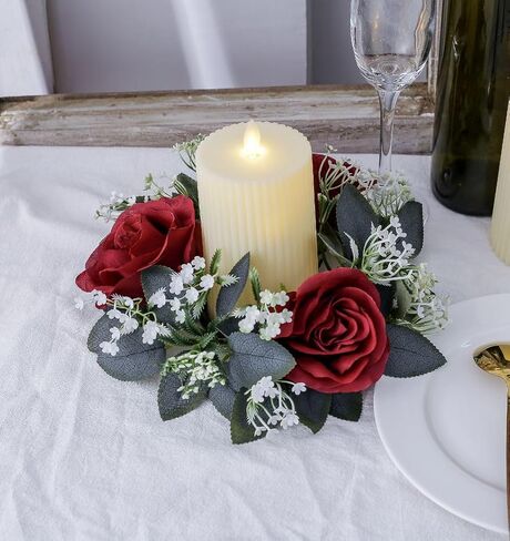 2 Pcs Artificial Rose Candle Rings Holder,Floral Wreaths with Eucalyptus Leaves Greenery Candle Rings for Pillar Candle Lantern Wedding Centerpiece Party Home Table Decor (Red) in Kuwait