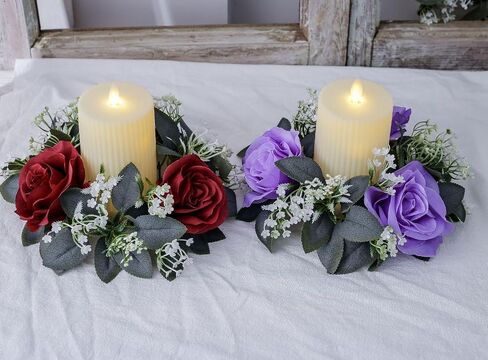 2 Pcs Artificial Rose Candle Rings Holder,Floral Wreaths with Eucalyptus Leaves Greenery Candle Rings for Pillar Candle Lantern Wedding Centerpiece Party Home Table Decor (Red) in Kuwait