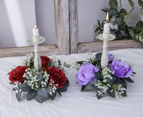 2 Pcs Artificial Rose Candle Rings Holder,Floral Wreaths with Eucalyptus Leaves Greenery Candle Rings for Pillar Candle Lantern Wedding Centerpiece Party Home Table Decor (Red) in Kuwait