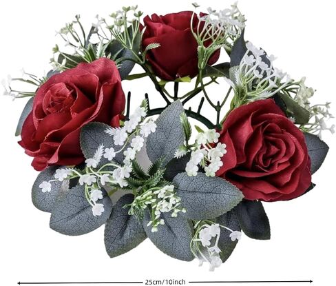 2 Pcs Artificial Rose Candle Rings Holder,Floral Wreaths with Eucalyptus Leaves Greenery Candle Rings for Pillar Candle Lantern Wedding Centerpiece Party Home Table Decor (Red) in Kuwait