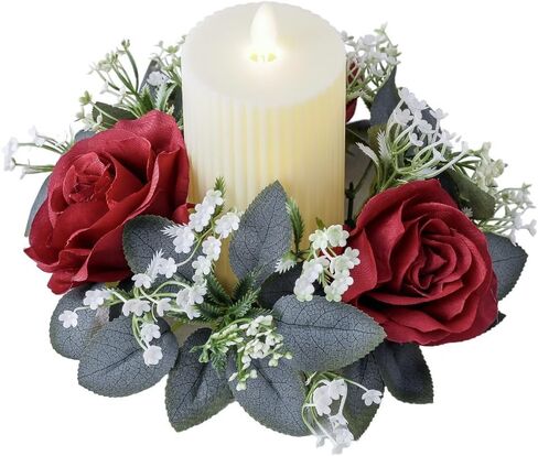 2 Pcs Artificial Rose Candle Rings Holder,Floral Wreaths with Eucalyptus Leaves Greenery Candle Rings for Pillar Candle Lantern Wedding Centerpiece Party Home Table Decor (Red) in Kuwait