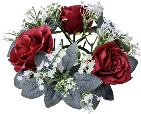 2 Pcs Artificial Rose Candle Rings Holder,Floral Wreaths with Eucalyptus Leaves Greenery Candle Rings for Pillar Candle Lantern Wedding Centerpiece Party Home Table Decor (Red) in Kuwait