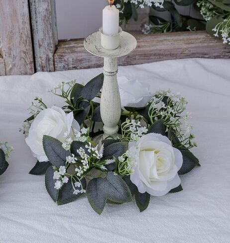 2 Pcs Artificial Rose Candle Rings Holder,Floral Wreaths with Eucalyptus Leaves Greenery Candle Rings for Pillar Candle Lantern Wedding Centerpiece Party Home Table Decor (Red) in Kuwait