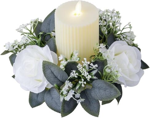 2 Pcs Artificial Rose Candle Rings Holder,Floral Wreaths with Eucalyptus Leaves Greenery Candle Rings for Pillar Candle Lantern Wedding Centerpiece Party Home Table Decor (Red) in Kuwait