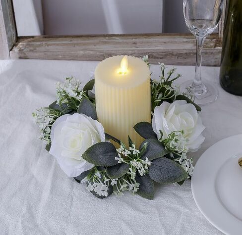 2 Pcs Artificial Rose Candle Rings Holder,Floral Wreaths with Eucalyptus Leaves Greenery Candle Rings for Pillar Candle Lantern Wedding Centerpiece Party Home Table Decor (Red) in Kuwait