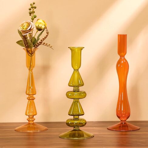 MUMUFY 3 PCS Fall Glass Candlestick Holders عيد الشكر على شكل زجاجات زجاجية على شكل زجاج شمعة العنبر العسل العسل الذهب in Kuwait