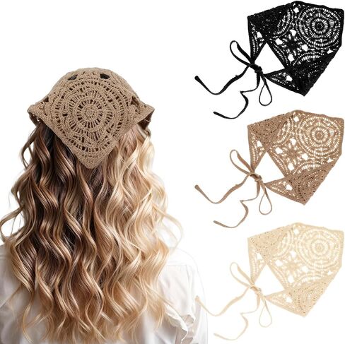 Hollow Crochet Bandana Head Head Racf for Women ، 3pcs Boho Hair Assories ، عصابة رأس غير قابلة للانزلاق قابلة للتعديل ، وشاح الشعر الرجعية ، وشاح مثلث للشعر ، in Saudi Arabia