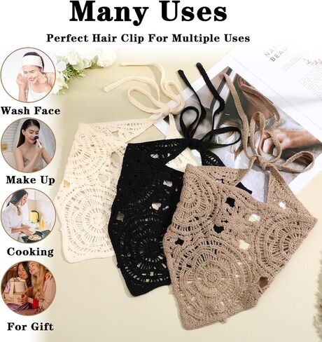 Hollow Crochet Bandana Head Head Racf for Women ، 3pcs Boho Hair Assories ، عصابة رأس غير قابلة للانزلاق قابلة للتعديل ، وشاح الشعر الرجعية ، وشاح مثلث للشعر ، in Saudi Arabia