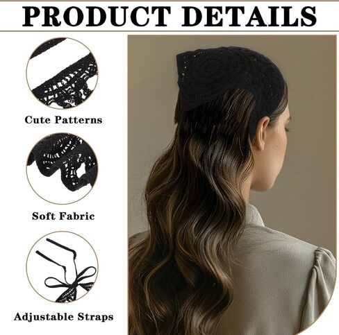 Hollow Crochet Bandana Head Head Racf for Women ، 3pcs Boho Hair Assories ، عصابة رأس غير قابلة للانزلاق قابلة للتعديل ، وشاح الشعر الرجعية ، وشاح مثلث للشعر ، in Saudi Arabia