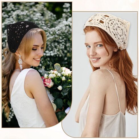 Hollow Crochet Bandana Head Head Racf for Women ، 3pcs Boho Hair Assories ، عصابة رأس غير قابلة للانزلاق قابلة للتعديل ، وشاح الشعر الرجعية ، وشاح مثلث للشعر ، in Saudi Arabia