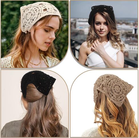 Hollow Crochet Bandana Head Head Racf for Women ، 3pcs Boho Hair Assories ، عصابة رأس غير قابلة للانزلاق قابلة للتعديل ، وشاح الشعر الرجعية ، وشاح مثلث للشعر ، in Saudi Arabia