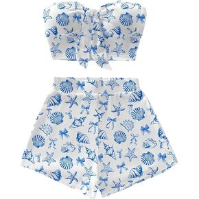 طقم ملابس نسائية من Floerns مكون من قطعتين صيفي بربطة أمامية بدون حمالات ومجموعة شورتات عالية الخصر in Kuwait