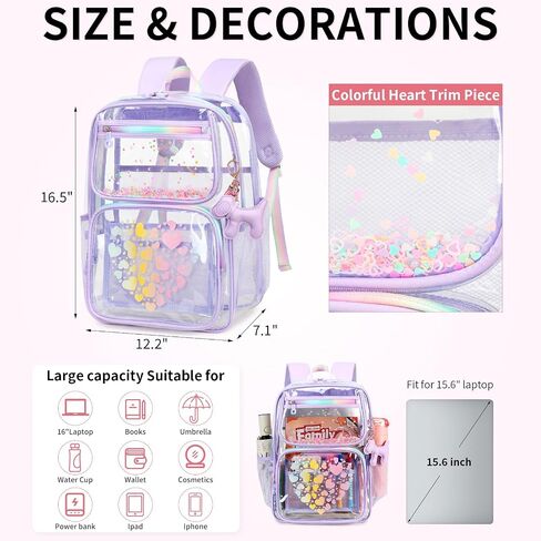 Clear Backpack for School Girls - 16.5inch Transparent Stadium Approved Kids Bookbag See Through Middle College School Bag Large Laptop Backpack for Women Teenagers Students in Saudi Arabia