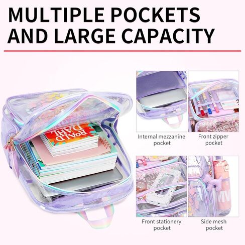 Clear Backpack for School Girls - 16.5inch Transparent Stadium Approved Kids Bookbag See Through Middle College School Bag Large Laptop Backpack for Women Teenagers Students in Saudi Arabia