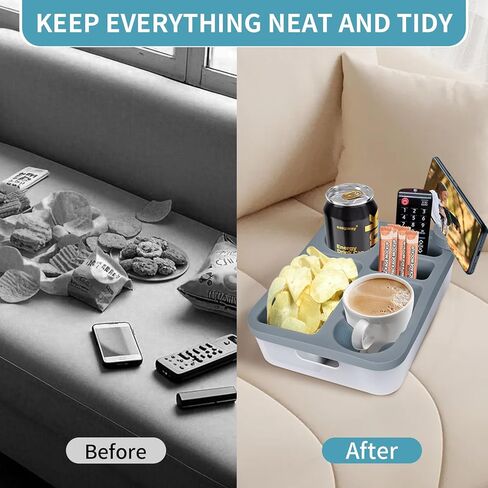 حامل كأس الأريكة ، أريكة العلبة مع مقعد للمقعد الخلفي للسيارة ، الشاطئ ، ماء مقاوم للماء ، منظم سرير سرير ، صينية ذراع أريكة ليلية للوجبات الخفيفة عن بُعد مع حامل الهاتف (رمادي) in Kuwait