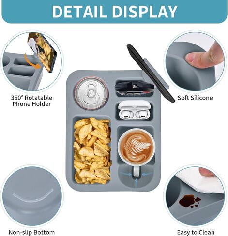 حامل كأس الأريكة ، أريكة العلبة مع مقعد للمقعد الخلفي للسيارة ، الشاطئ ، ماء مقاوم للماء ، منظم سرير سرير ، صينية ذراع أريكة ليلية للوجبات الخفيفة عن بُعد مع حامل الهاتف (رمادي) in Kuwait