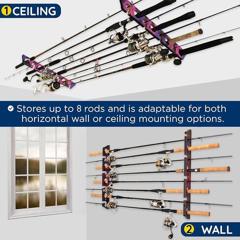رف حائط لعمود الصيد مكون من 8 قضبان من Rush Creek Creations، حزمة مزدوجة، حامل سقف لأعمدة الصيد، رف تخزين قضيب الصيد، وردي/أسود in Kuwait