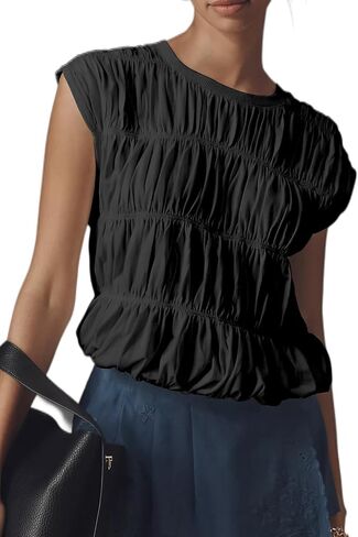 Womens Tiered Shirred Smocked Crop Tank Top Cap Sleeve Crew Neck Elastic Hem Y2K Going Out Blouse Shirt in Saudi Arabia