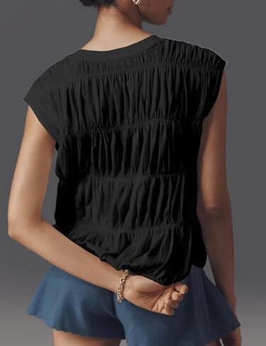 Womens Tiered Shirred Smocked Crop Tank Top Cap Sleeve Crew Neck Elastic Hem Y2K Going Out Blouse Shirt in Saudi Arabia