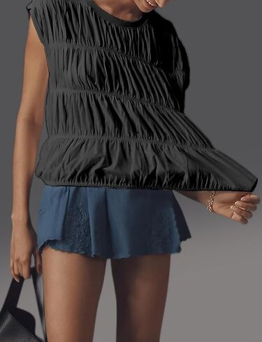 Womens Tiered Shirred Smocked Crop Tank Top Cap Sleeve Crew Neck Elastic Hem Y2K Going Out Blouse Shirt in Saudi Arabia