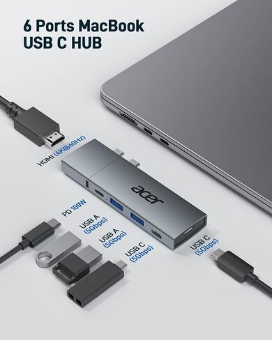 Acer USB C Hub Adapter for MacBook, 6 in 2 Detachable Multiport USB C Dock MacBook Accessories with USB C to HDMI Adapter and 2 USB A 3.0, 2 USB C, PD 100W Charging Ports for MacBook Pro/Air M1 M2 M3 in Saudi Arabia