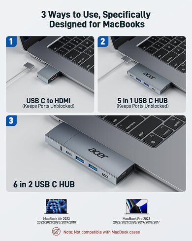 Acer USB C Hub Adapter for MacBook, 6 in 2 Detachable Multiport USB C Dock MacBook Accessories with USB C to HDMI Adapter and 2 USB A 3.0, 2 USB C, PD 100W Charging Ports for MacBook Pro/Air M1 M2 M3 in Saudi Arabia