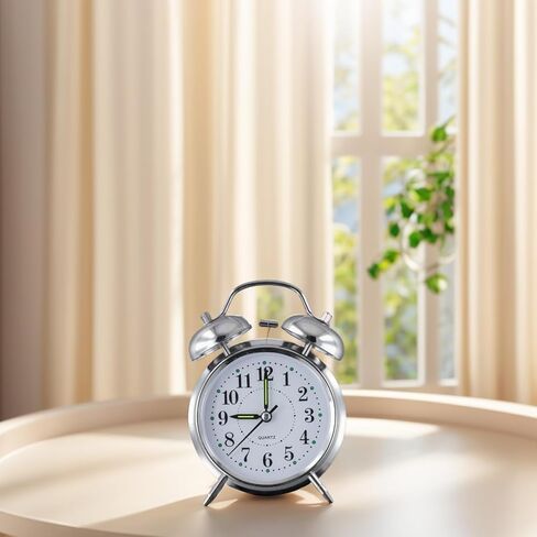 Metal Twin Bell Alarm Clock, Double Bell Alarm Clock, Chrome Finish Mechanical Wind Up Clock, Luminous Hands, Large Face for Bedroom in Saudi Arabia