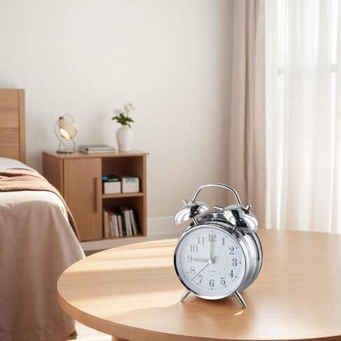Metal Twin Bell Alarm Clock, Double Bell Alarm Clock, Chrome Finish Mechanical Wind Up Clock, Luminous Hands, Large Face for Bedroom in Saudi Arabia