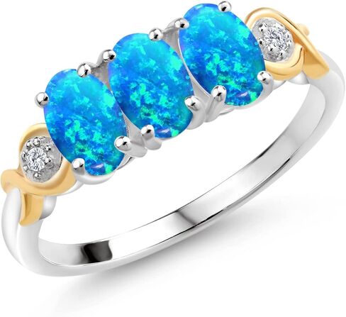925 Silver and 10K Yellow Gold Gemstone Birthstone and Accent Lab Grown Diamond 3-Stone Engagement Ring for Women | Oval 6X4MM & Round 1.3MM | Two-Tone Wedding Anniversary Promise Ring | Size 5-9 in Saudi Arabia