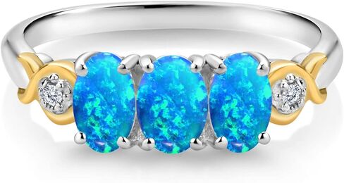 925 Silver and 10K Yellow Gold Gemstone Birthstone and Accent Lab Grown Diamond 3-Stone Engagement Ring for Women | Oval 6X4MM & Round 1.3MM | Two-Tone Wedding Anniversary Promise Ring | Size 5-9 in Saudi Arabia