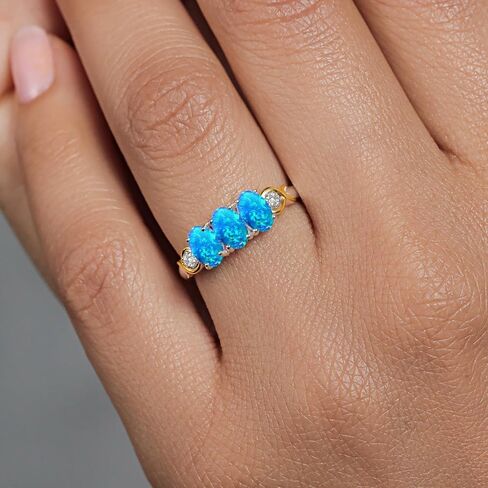 925 Silver and 10K Yellow Gold Gemstone Birthstone and Accent Lab Grown Diamond 3-Stone Engagement Ring for Women | Oval 6X4MM & Round 1.3MM | Two-Tone Wedding Anniversary Promise Ring | Size 5-9 in Saudi Arabia
