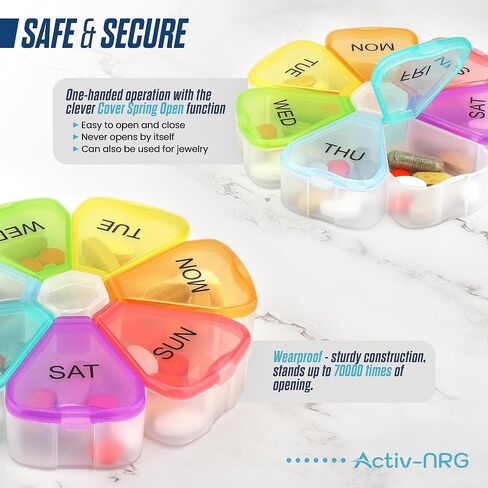 Premium Round Pill Box Organiser - BPA Free - Travel Tablet Boxes - Easy to Open Compartments Unique Spring AssistedOpen Design for Tablets, Vitamins, Medication and Cod Liver Oil (Multicolour) in Saudi Arabia