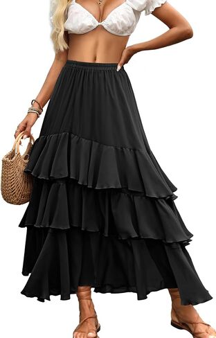 ELLEVEN Boho Ruffle Maxi Skirt for Women, Flowy Tiered Summer Long Skirt for Beach Days or Going Out in Saudi Arabia