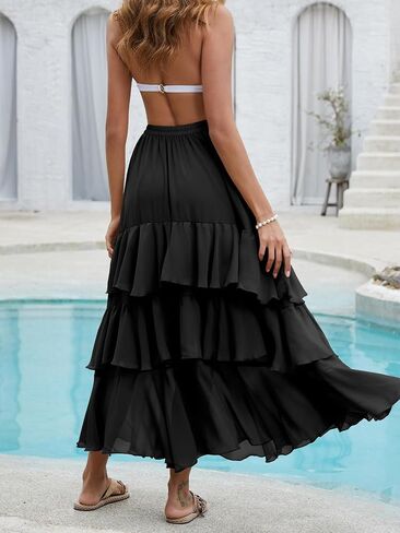 ELLEVEN Boho Ruffle Maxi Skirt for Women, Flowy Tiered Summer Long Skirt for Beach Days or Going Out in Saudi Arabia