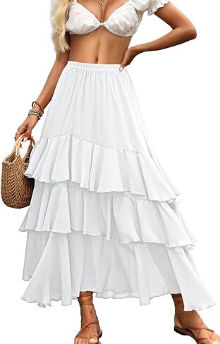 ELLEVEN Boho Ruffle Maxi Skirt for Women, Flowy Tiered Summer Long Skirt for Beach Days or Going Out in Saudi Arabia