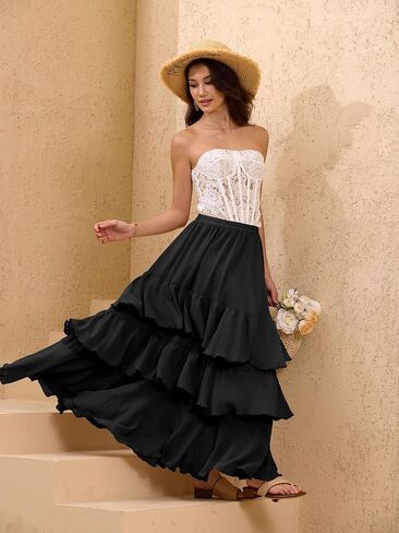 ELLEVEN Boho Ruffle Maxi Skirt for Women, Flowy Tiered Summer Long Skirt for Beach Days or Going Out in Saudi Arabia