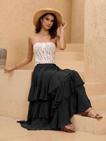 ELLEVEN Boho Ruffle Maxi Skirt for Women, Flowy Tiered Summer Long Skirt for Beach Days or Going Out in Saudi Arabia