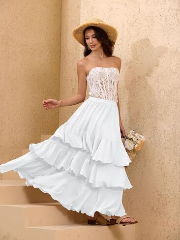 ELLEVEN Boho Ruffle Maxi Skirt for Women, Flowy Tiered Summer Long Skirt for Beach Days or Going Out in Saudi Arabia